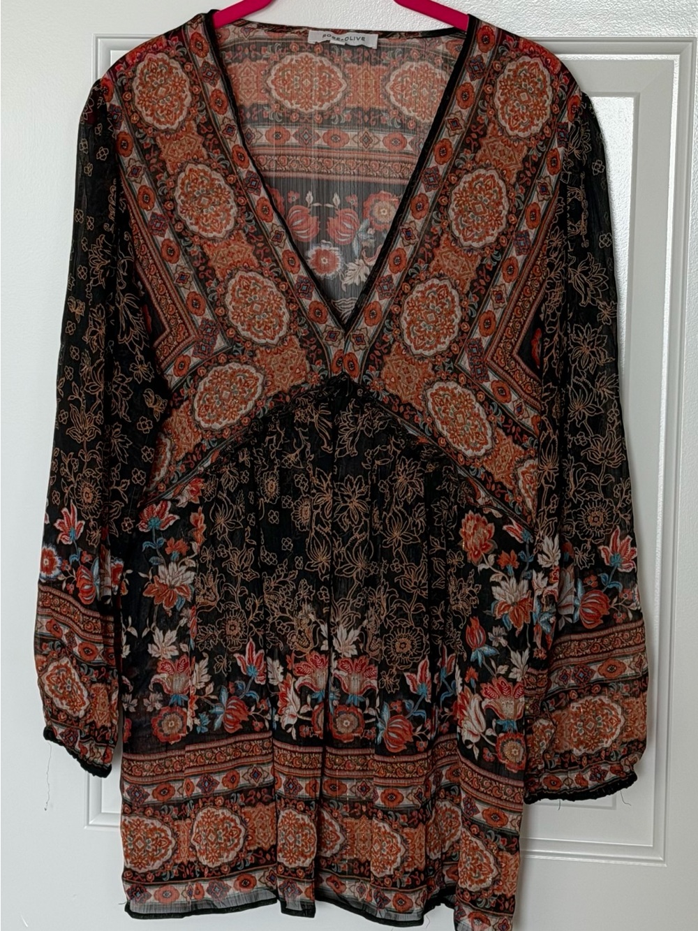 Rose & Olive Black Boho V-Neck Tunic with Orange and Blue Floral Print